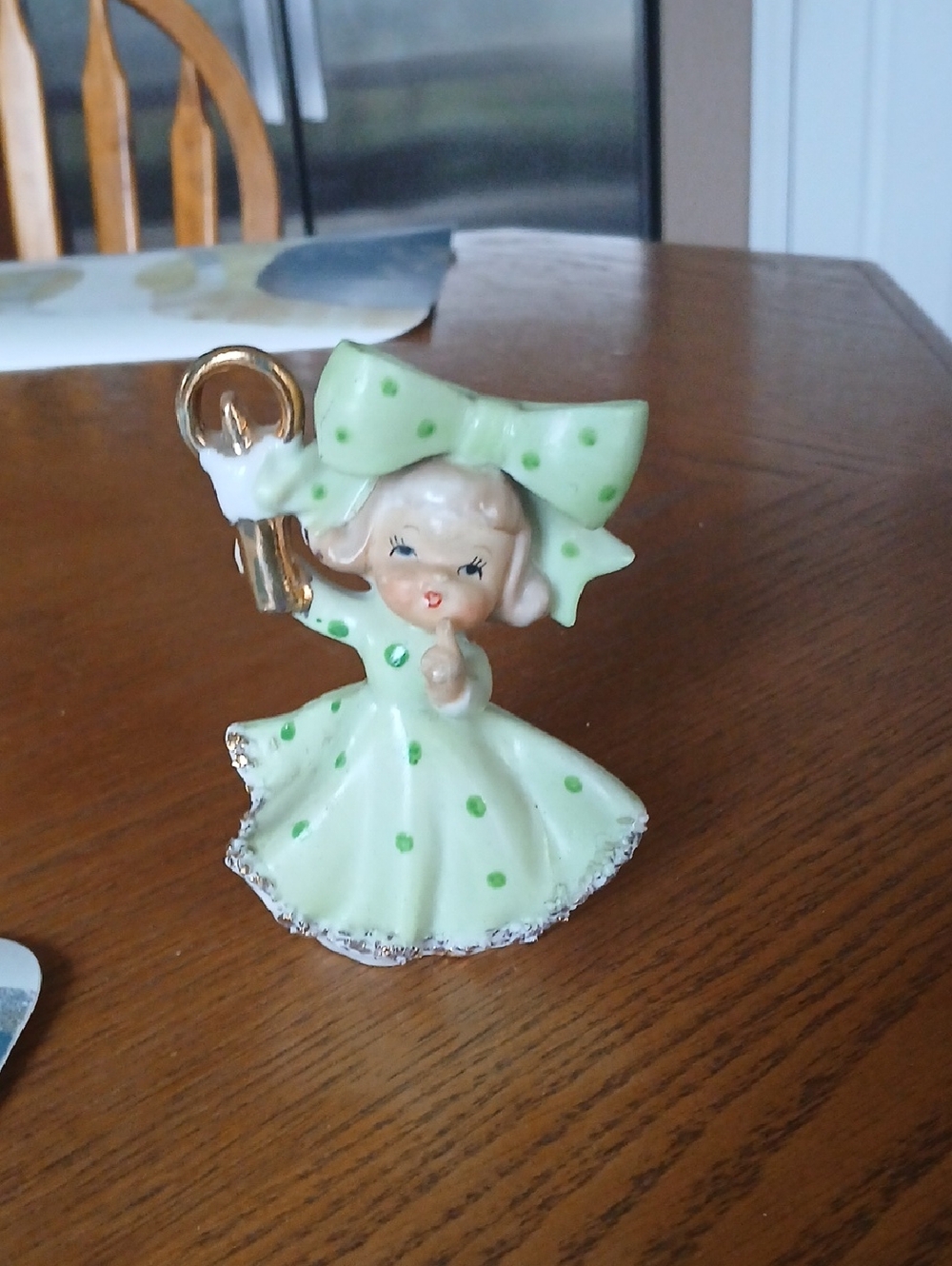 Vintage Green Polka Dot Girl Figurine with Gold Candle